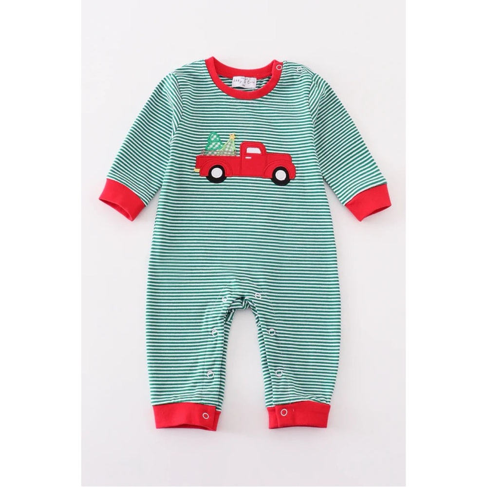 NEW Abby & Evie Premium Green Stripe Christmas Truck Appliqué Boy Romper